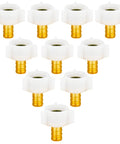 Pack of ten Half Inch Pex Female Swivel Fitting Adapters for RV Plumbing, lead-free brass crimp connectors with white tops.