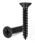 100 Pack Killer Grip Flat Head Phillips Wood Screws Black Oxide Coated Stainless Steel Fully Threaded Carpenter Hardware Prime Pick for Deck Building and Home Repair on a white background.