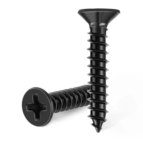100 Pack Killer Grip Flat Head Phillips Wood Screws Black Oxide Coated Stainless Steel Fully Threaded Carpenter Hardware Prime Pick for Deck Building and Home Repair on a white background.