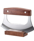 Coowolf Ulu mezzaluna rocker knife with walnut wood handles and stand, stainless steel blade