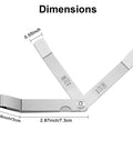 Two-piece stainless steel feeler gauge set; side view with folding blades and dual metric/imperial markings.