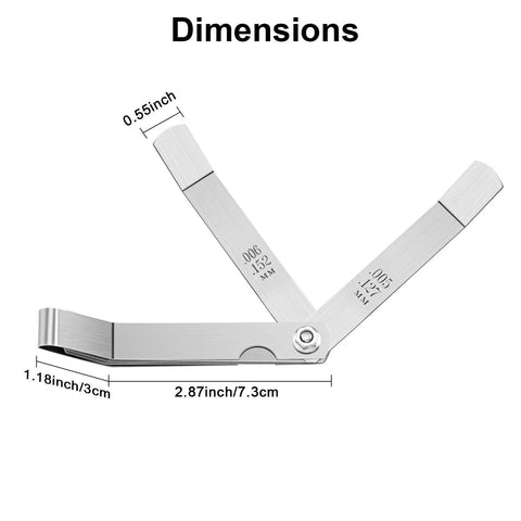 Two-piece stainless steel feeler gauge set; side view with folding blades and dual metric/imperial markings.