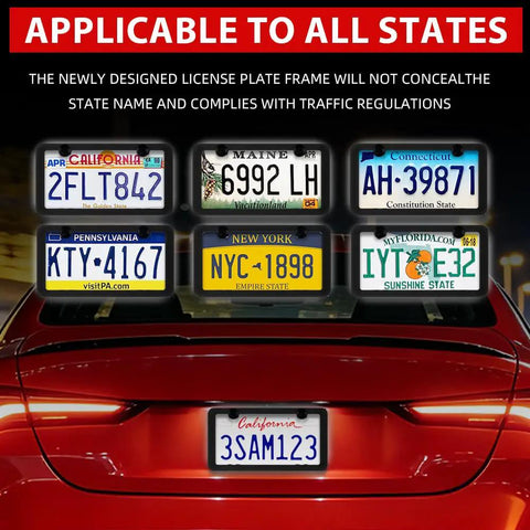Built Tough Black Matte License Plate Frame Set With Rust Proof Aluminum Alloy Construction Gloss Finish Front Tag Cover With Screws Two Pack Weatherproof Against Rain Sun and Salt Fits Standard US Vehicles displayed on car