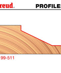 Profile diagram of raised panel router bit, showing cut design for Freud #99-511, wood finish illustration on left.