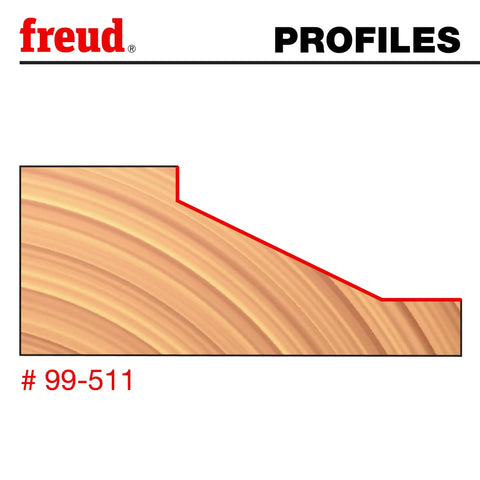 Profile diagram of raised panel router bit, showing cut design for Freud #99-511, wood finish illustration on left.