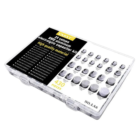 24 Values 430 Pcs SMD Aluminum Electrolytic Capacitors Assortment Kit With 10V 16V 25V 35V 50V Series in clear box