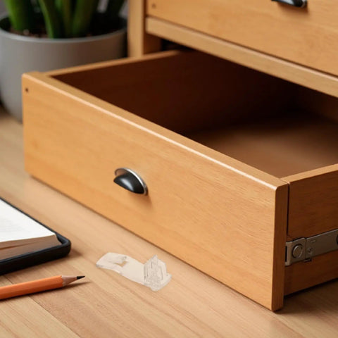 24 Pack Locking Shelf Pins With Anti Slip Grooves next to open wood drawer, clear plastic pegs visible on tabletop