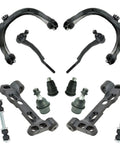 Heavy Duty Front Steering And Suspension Overhaul Kit Features 12 Piece Ball Joints Sway Links And Tie Rods, black components assembly.