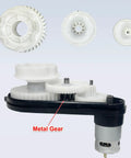 Two Pack 12V 550 Gearbox With 12000 RPM Motor for Ride On Cars showing internal metal and plastic gears