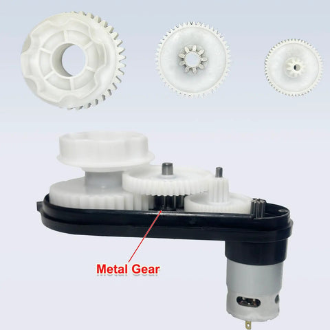 Two Pack 12V 550 Gearbox With 12000 RPM Motor for Ride On Cars showing internal metal and plastic gears