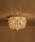 Four Light Boho Wood Beaded Ceiling Light Fixture, Rustic Flush Mount Chandelier For Foyer, Bedroom, Kitchen And Hallway, 12.6 Inch Diameter, White Maple Beads And Metal Frame.