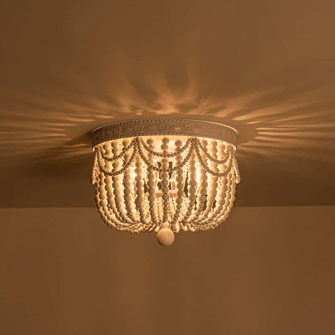 Four Light Boho Wood Beaded Ceiling Light Fixture, Rustic Flush Mount Chandelier For Foyer, Bedroom, Kitchen And Hallway, 12.6 Inch Diameter, White Maple Beads And Metal Frame.