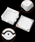 Weatherproof IP65 Junction Box 4 By 4 By 2.8 Inches ABS Plastic 2 Pack Surface Mount Enclosures For Indoor And Outdoor Electrical And Communications Installations Built Tough, open view with lid