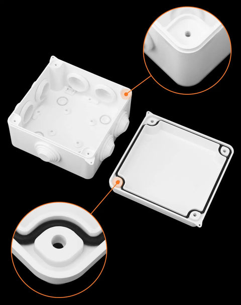 Weatherproof IP65 Junction Box 4 By 4 By 2.8 Inches ABS Plastic 2 Pack Surface Mount Enclosures For Indoor And Outdoor Electrical And Communications Installations Built Tough, open view with lid