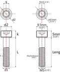 Kickass Grade 5 Titanium M5x45mm Hex Socket Head Screws featuring Standard Allen Drive dimensions diagram with measurements.