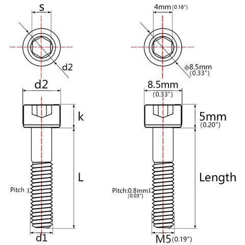 Kickass Grade 5 Titanium M5x45mm Hex Socket Head Screws featuring Standard Allen Drive dimensions diagram with measurements.