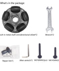 Brompton Omni Directional Wheels kit with screws, wrench, and repair components for easy folding bike upgrades.