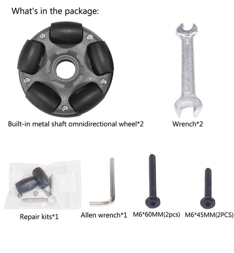 Brompton Omni Directional Wheels kit with screws, wrench, and repair components for easy folding bike upgrades.