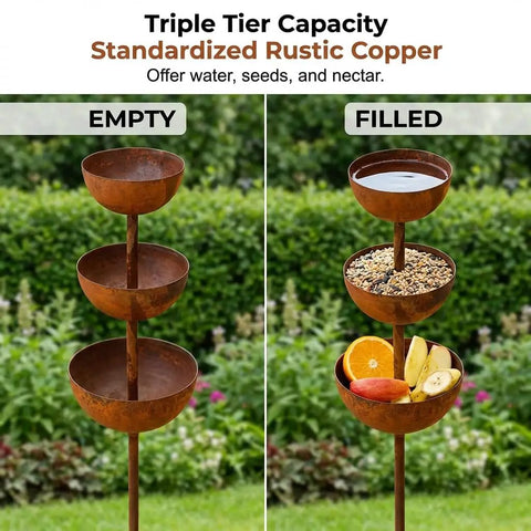 3 Tier Rain Catcher Garden Stake With Water Bowls For Birds Bird Bath And Butterfly Feeder Outdoor Yard Art Decor For Rain Harvest And Wildlife A Sturdy Metal Garden Ornament Turning Rain Into Living Art For Your Yard Cool Vibe, shown empty and filled with water, seeds, and fruit.