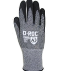 Hyperon Blended Work Gloves With Sandy Nitrile Palm For Superior Grip That Sticks All Day And Comfort ANSI A3 Cut Resistance 15 Gauge Breathable Shell Wet Or Oily Jobs Ready Size 8 Medium 12 Pairs Model GPD255, single glove front view showing glove texture and cut resistance rating.