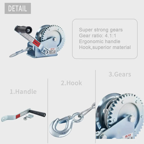 Heavy Duty 1600 Lb Boat Winch With 32 Ft Cable Manual Crank Two Way Ratchet Load Assist, gear details and handle view