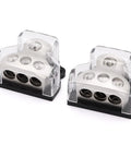 3 Way Car Power Distribution Block With One Zero Gauge In And 3x Four Gauge Out For Amp Grounding And Audio Wiring, Heavy Duty Car Audio Splitter, Easy Install For Strong Power And Clean Ground, 2 Pack clear plastic blocks