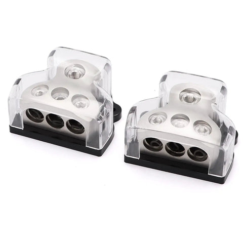 3 Way Car Power Distribution Block With One Zero Gauge In And 3x Four Gauge Out For Amp Grounding And Audio Wiring, Heavy Duty Car Audio Splitter, Easy Install For Strong Power And Clean Ground, 2 Pack clear plastic blocks