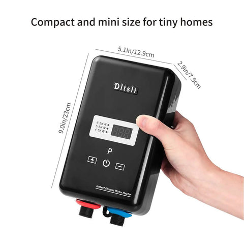 Hand holding Compact 6.5KW Tankless Electric Water Heater with Remote Control and Digital Display showing measurements
