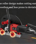 Professional Grade Heavy Hitter Electric Concrete Cutter Saw Featuring Dual High Impact Blades And Integrated Water Pump For No Sweat Wall Cutting And Masonry Construction, showing roller design for smoother cutting.