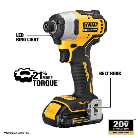 20V Max Cordless Impact Driver With One Quarter Inch Chuck Ultra Compact Five Point One Inch Length Seventeen Hundred Inch Pounds Of Torque Tool Only Fits In Tight Spots And Precise Control, featuring LED ring light and belt hook.