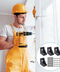 Worker using a drill near window with inset showing Aluminum Extrusion Corner Brackets Kit For 20S Rails 20x28x28mm L Shaped Brackets