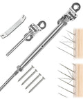 Swage Toggle Turnbuckle Cable Railing Hardware Kit For Wood Posts One-Eighth Inch Wire Rope Stainless Steel Deck And Stair Railing System With DIY Friendly Multi Angle 0-180 Degree Adjustability And 100 Pack components, including turnbuckles and screws