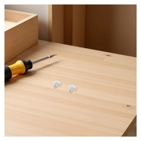 Heavy Duty Clear Plastic Shelf Support Pegs Set 300 Pieces Self Locking Cabinet Clips For Kitchen Cabinets Bookcases And Furniture Shelves Must Have Durable Nickel Plated Iron Hardware on a wooden surface with a screwdriver