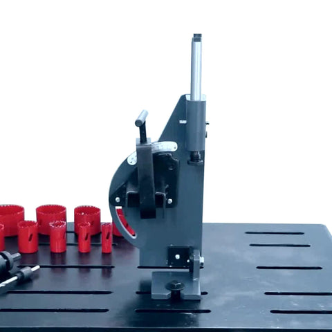 Side view of Aluminum Pipe Notcher 0-45 Degree Adjustable for 2 Inch Pipes and Tubes with Built-In Protractor on workbench