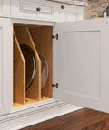 Soft Close 105 Degree Face Frame Cabinet Hinges for Three Quarters Inch Overlay, cabinet door open showing hinge and interior storage