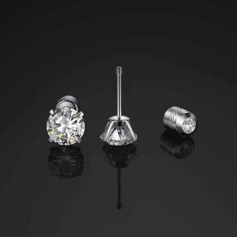 Fresh Hypoallergenic Titanium Stud Earrings With Secure Screwback Cap For Sensitive Ears Silver Tone Cubic Zirconia Stone displayed from multiple angles.