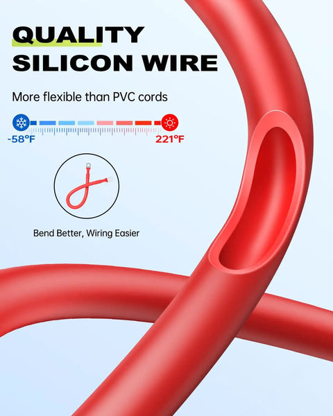 Close-up of red 6 AWG Battery Cables With Terminals 12 Inch Silicone Insulated Tinned Copper Power Inverter Cables highlighting flexibility.