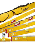 Heavy Duty Magnetic Level Set Featuring Six Pro Grade Measuring Tools Built With Rugged Non Slip Aluminum Profiles And Locked Vials For Rock Solid Precision Work Around The Shop, shown in yellow carrying case.