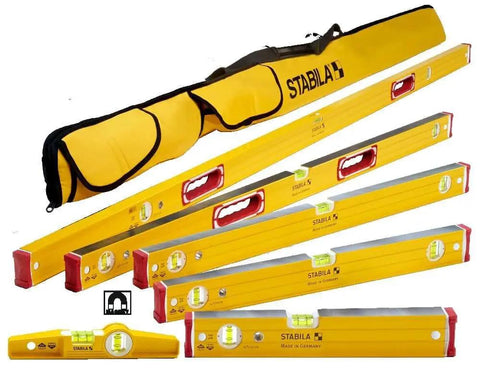 Heavy Duty Magnetic Level Set Featuring Six Pro Grade Measuring Tools Built With Rugged Non Slip Aluminum Profiles And Locked Vials For Rock Solid Precision Work Around The Shop, shown in yellow carrying case.