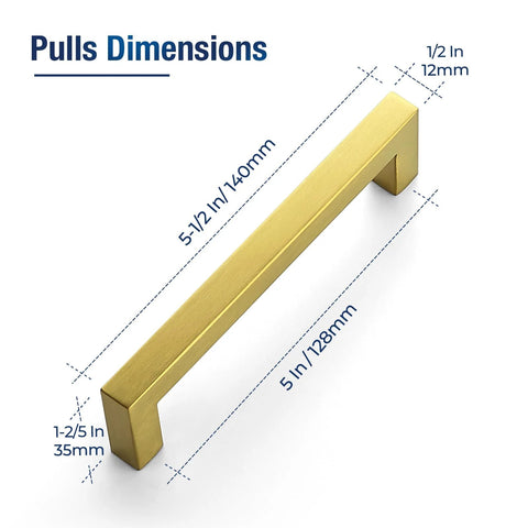 Gold Cabinet Pulls 10 Pack Five Inch Square Drawer Handles Stainless Steel Kitchen Hardware dimensions diagram