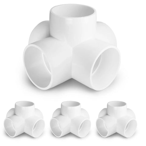 Five Way 2 Inch PVC Pipe Fittings White SCH40 Furniture Grade Connectors Set Of 4 for DIY projects, shown in a set of four fittings