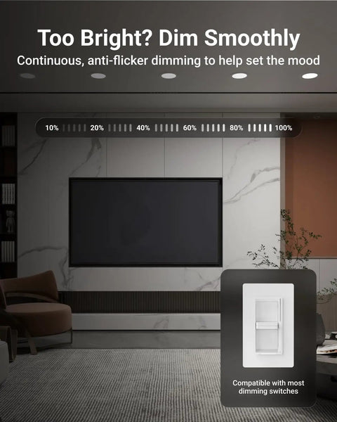 Living room with dimming control for 4 Pack 6 Inch Led Flat Recessed Lighting 5Cct Adjustable Ultra Thin 12W lighting.