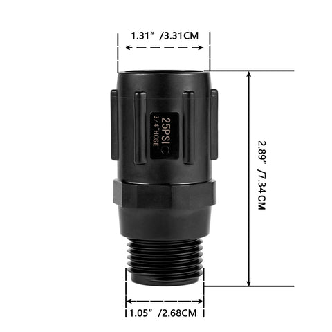 Garden hose pressure regulator, black plastic, 25 PSI, 3/4 FHT to 3/4 MHT, 2-pack.