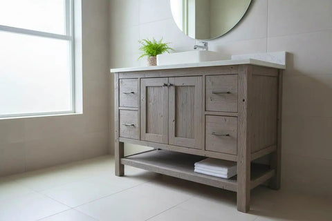 Chill Coastal Beachwood Water Based Wood Stain Zero VOC on a rustic wooden bathroom vanity with storage.