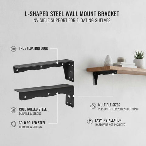 Heavy Duty Cold Rolled Steel L Shaped Bracket for Floating Shelves Black Finish Wall Mount Support Hardware illustration