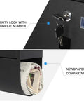 Image of stainless steel mailbox with key lock and newspaper compartment, highlighting security features.