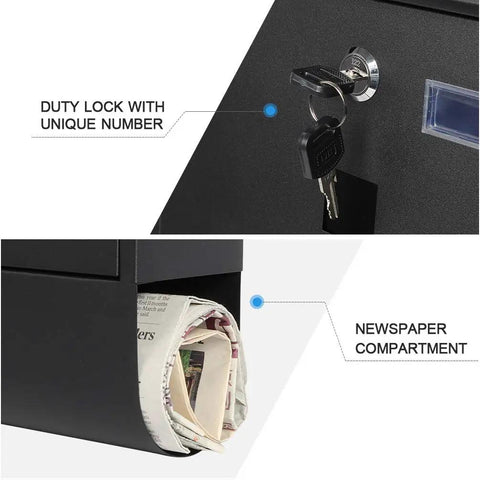 Image of stainless steel mailbox with key lock and newspaper compartment, highlighting security features.