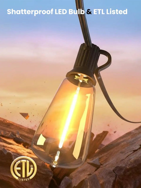 Outdoor String Lights 100 Ft Patio Lighting With 52 LED Edison Bulbs, close-up of shatterproof bulb against rocky background.