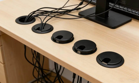 Premium Desktop Grommet Covers Slick Cable Organizers Hella Tough ABS Plastic Wire Routing Kit For Working From Home Office Setup No Mess Cord Management 5 Pack Black, with cables routed through 2.5 inch openings.