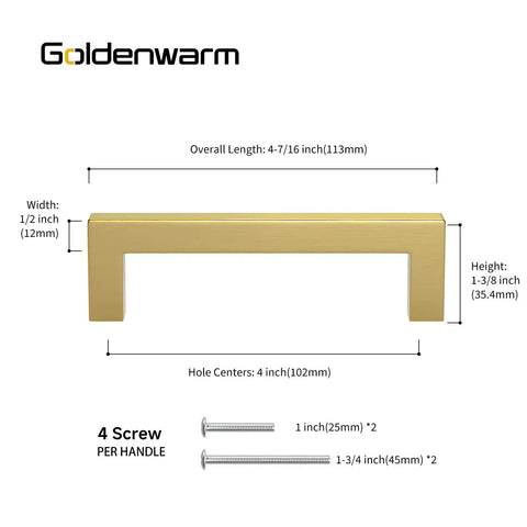 Brushed Brass Cabinet Pulls 4 Inch Square Bar Drawer Handles Pack Of 10 Sturdy Stainless Steel Gold Finish dimensions